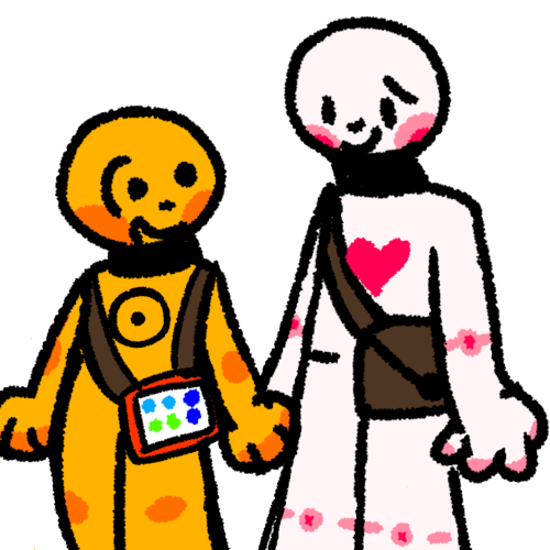 a yellow person with the disability sun on their chest holding the hand of a taller white person with pink joints and a pink heart on their chest. The yellow person has an aac device strapped on while the Caregiver has a brown bag.